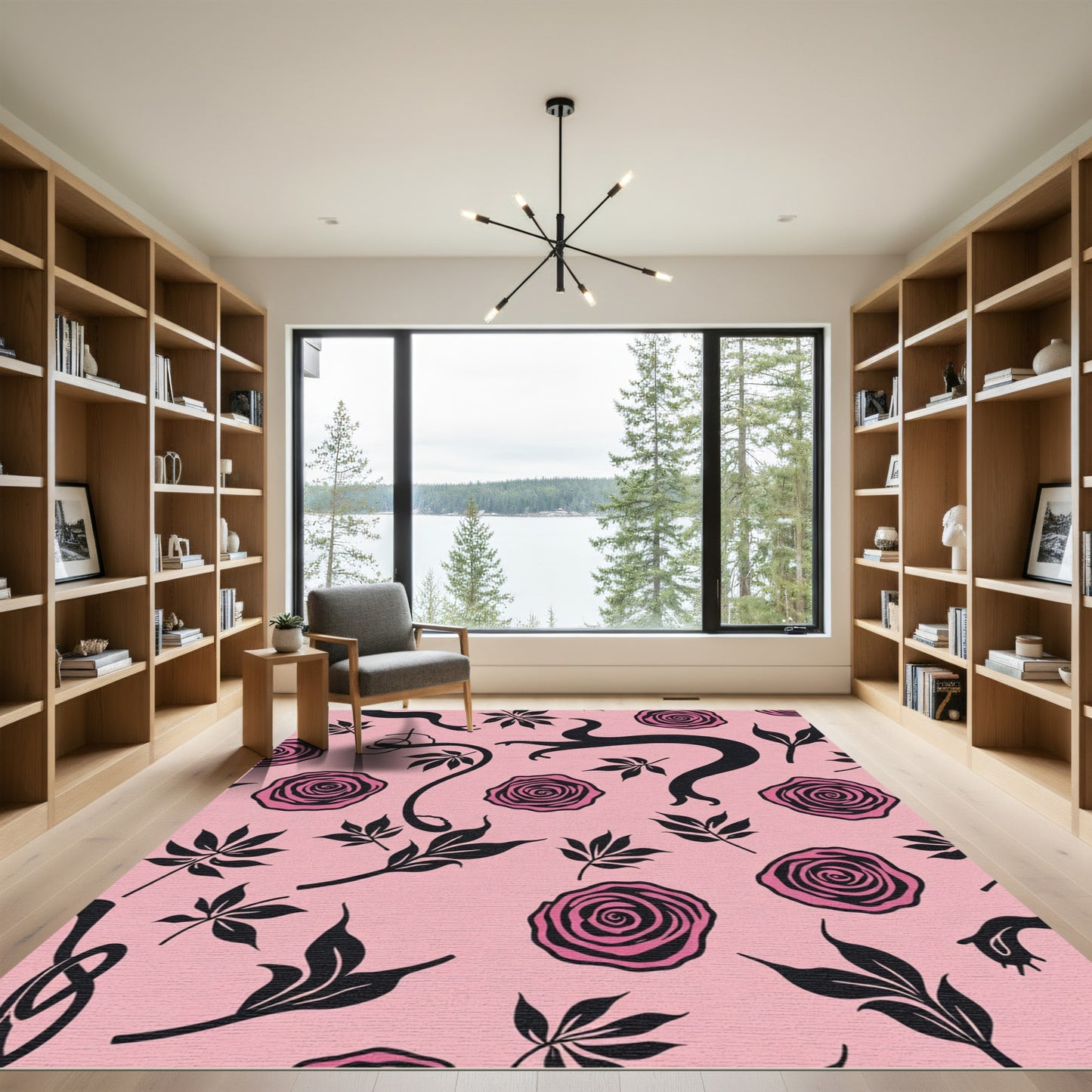 Pink Blossom Black Swirl Flourish Rug
