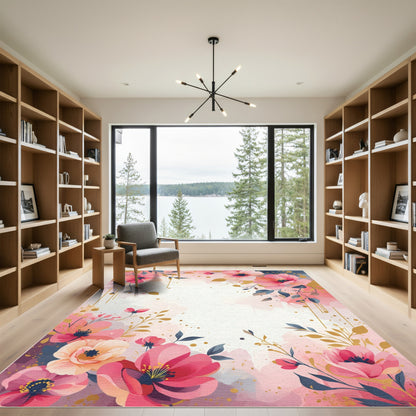 Watercolor Floral Splatter Pink Gold Rug