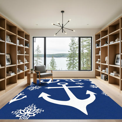 White Anchor Snowflake Navy Rug