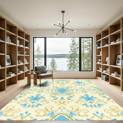 Pale Cream Blue Floral Damask Accent Rug