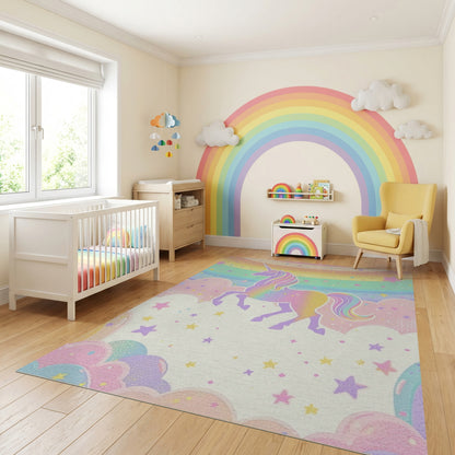 Whimsical Unicorn Rainbow Stars Clouds Rug 2