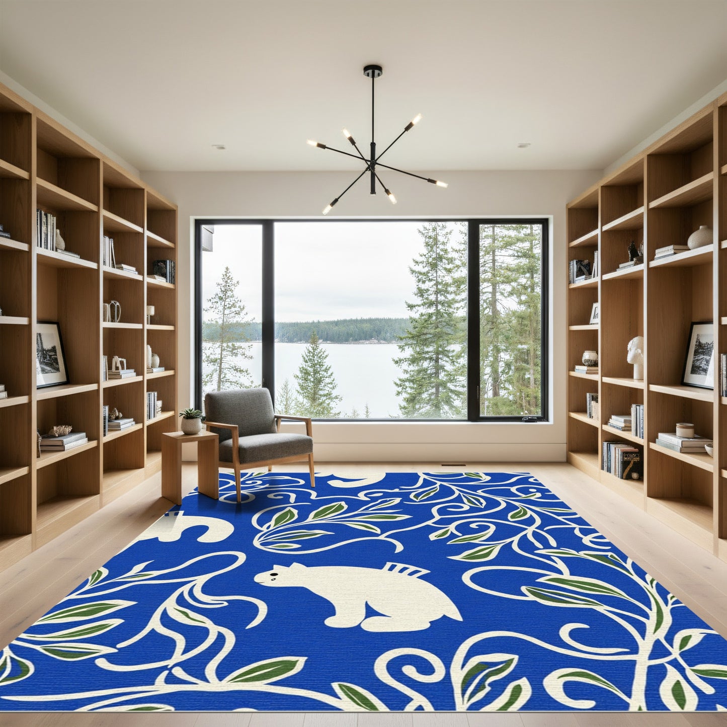 Bold Blue Whimsical Feline Foliage Rug