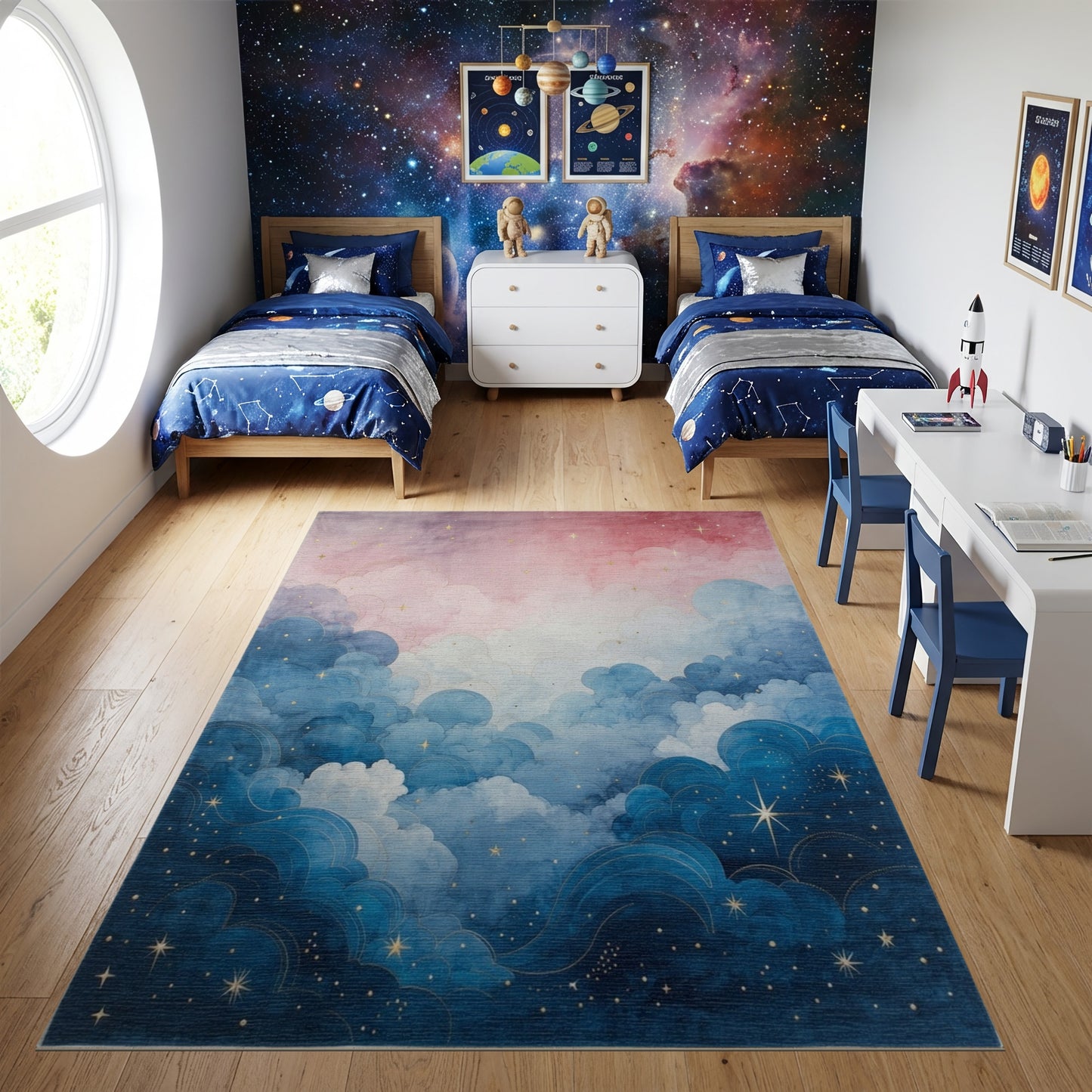Dreamy Pink Blue Starry Clouds Rug