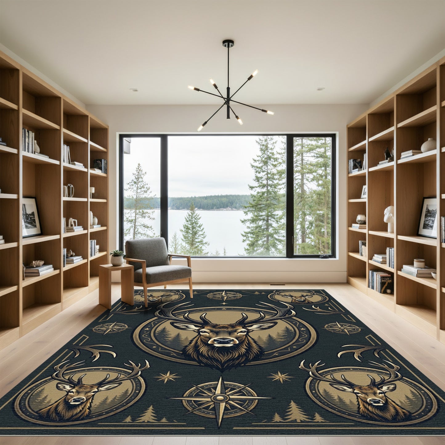 Majestic Elk Forest Compass Gold Emblem Rug