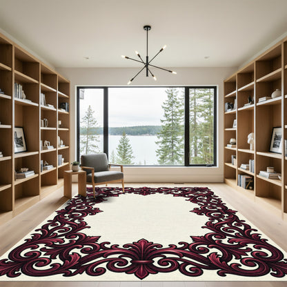 Elegant Maroon Baroque Scroll Border Rug