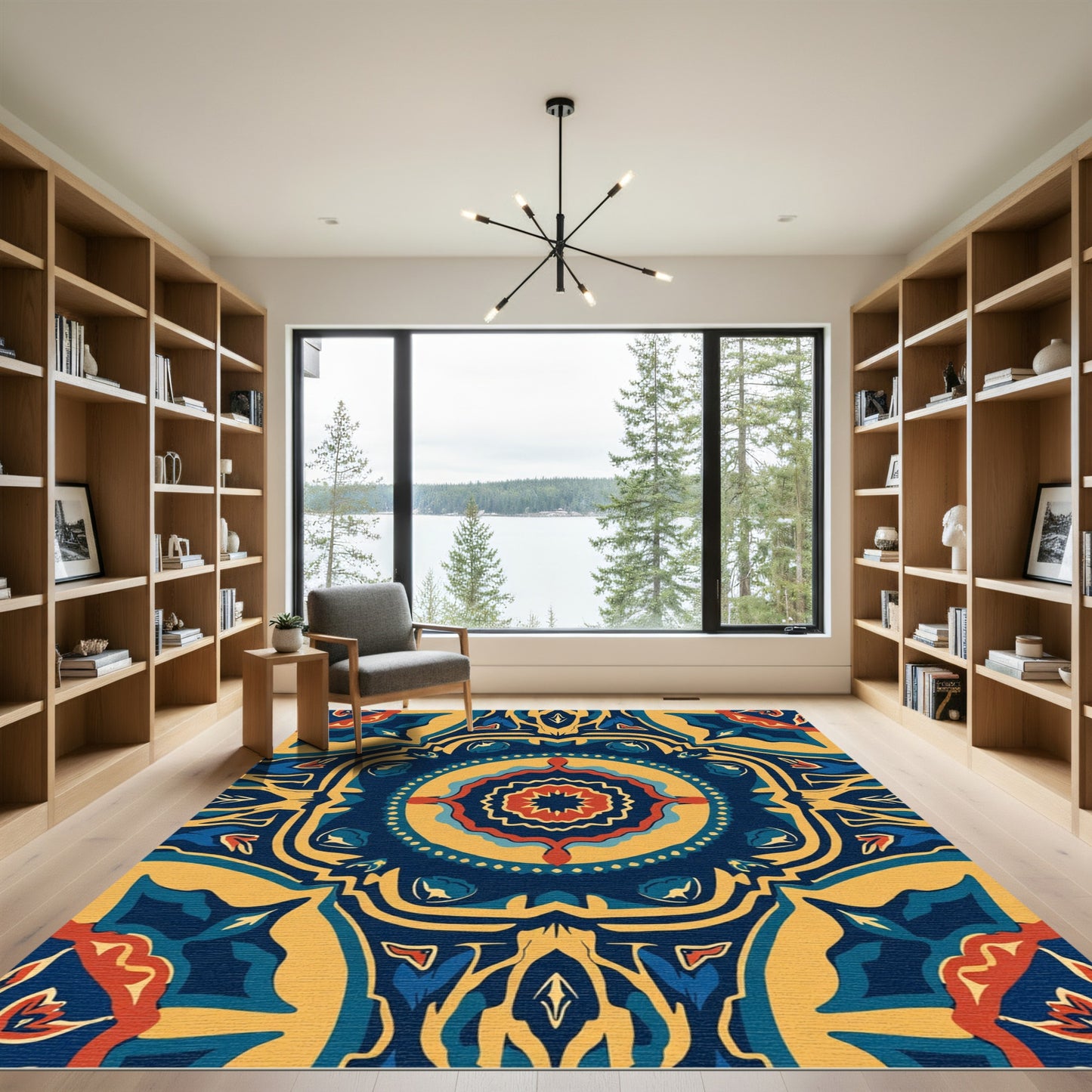 Navajo Inspired Blue Gold Floral Medallion Rug