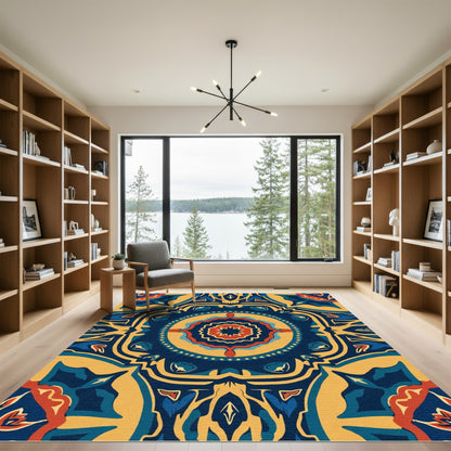 Navajo Inspired Blue Gold Floral Medallion Rug