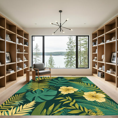 Tropical Lush Green Fern Hibiscus Rug