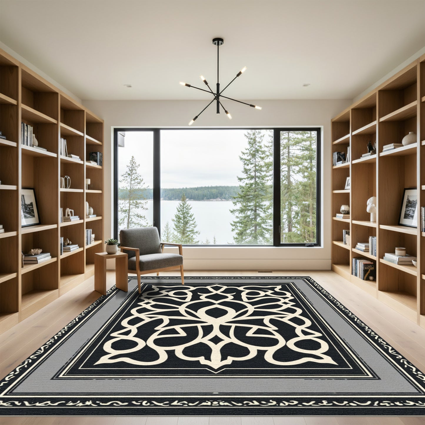 Monochromatic Black Cream Floral Lattice Rug