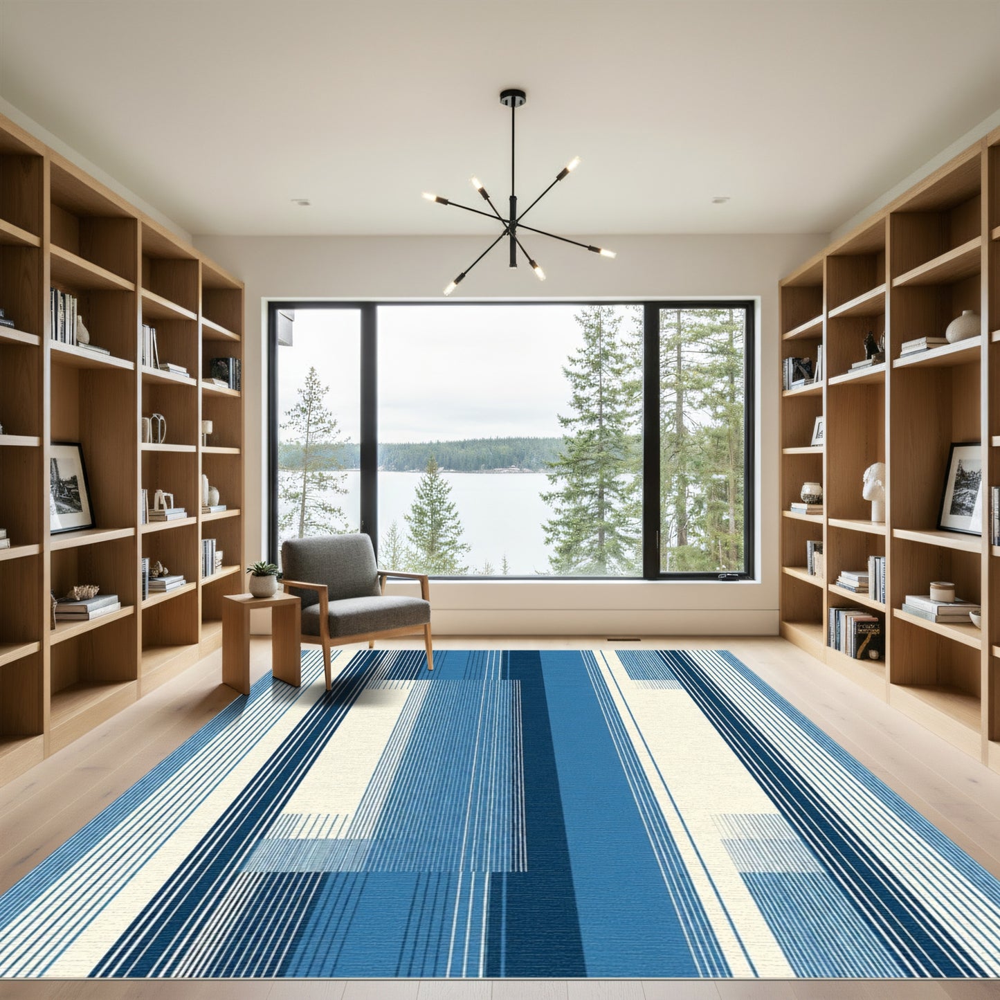 Deep Blue Abstract Vertical Stripe Rug