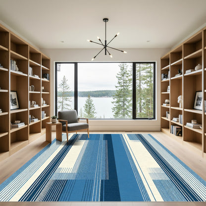 Deep Blue Abstract Vertical Stripe Rug