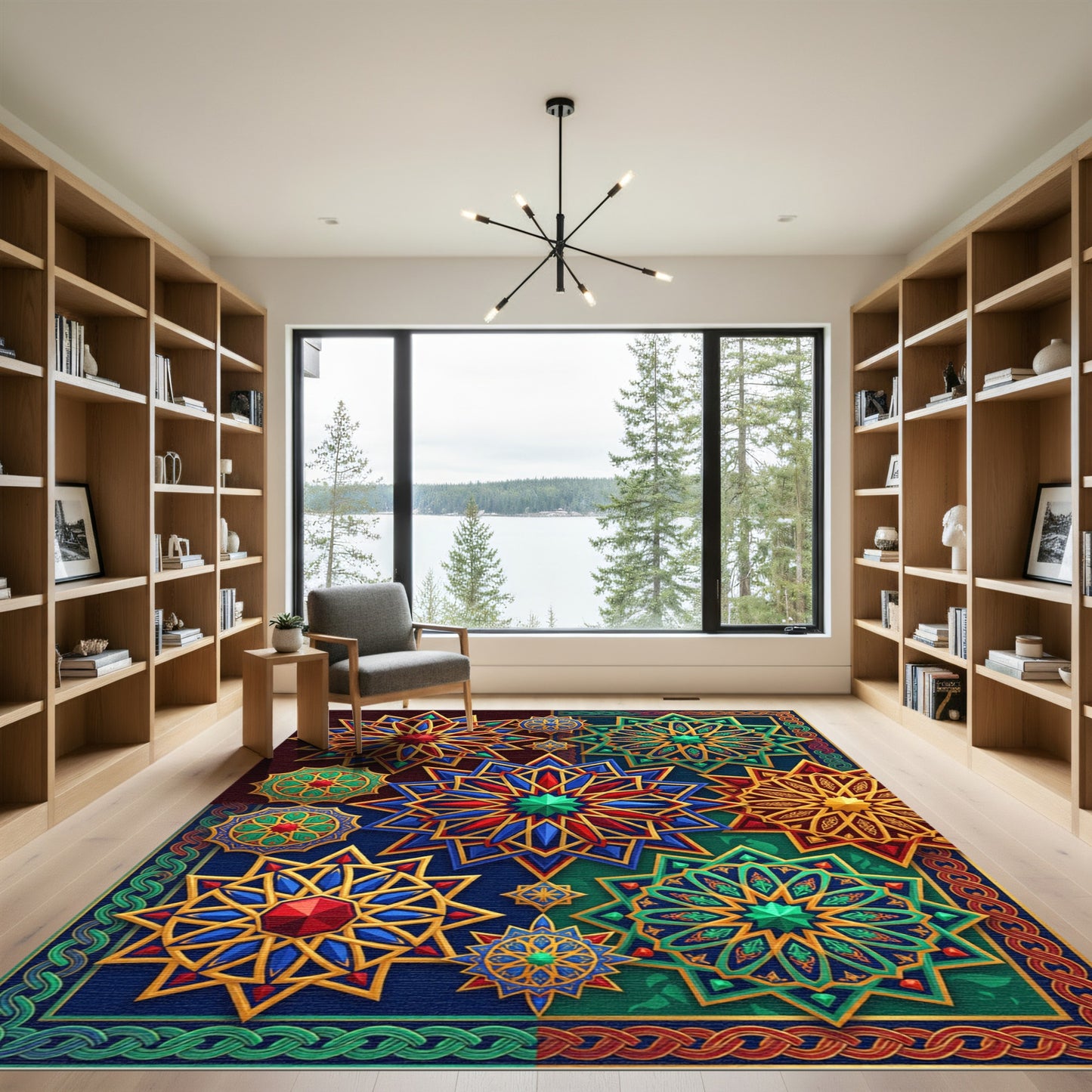 Vibrant Blue Red Gold Starbursts Rug