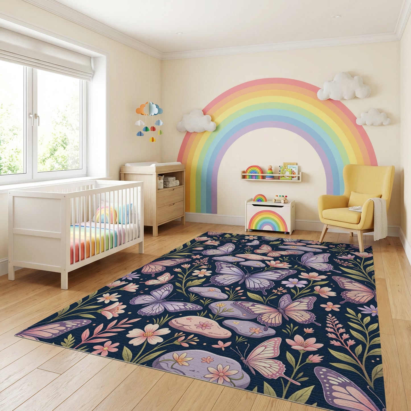 Whimsical Lavender Butterfly Floral Stones Rug