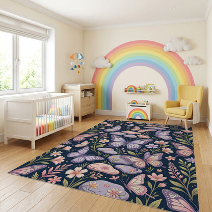 Whimsical Lavender Butterfly Floral Stones Rug