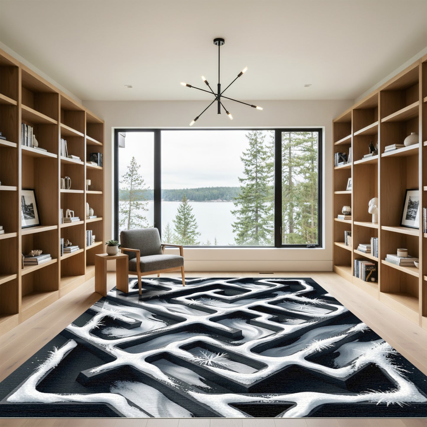 Winter Frost Monochromatic Abstract Maze Rug