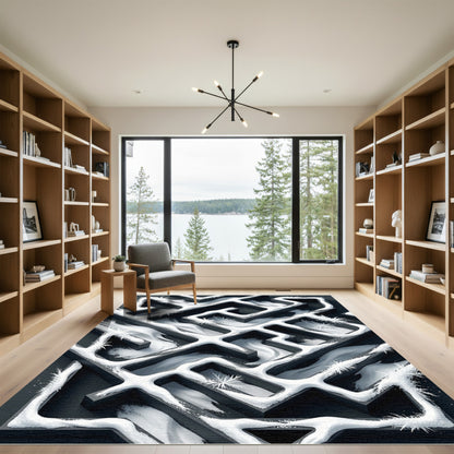 Winter Frost Monochromatic Abstract Maze Rug