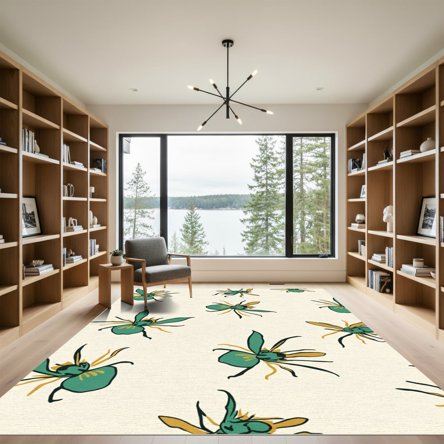 Teal Gold Orchid Floral Arrangement Rug