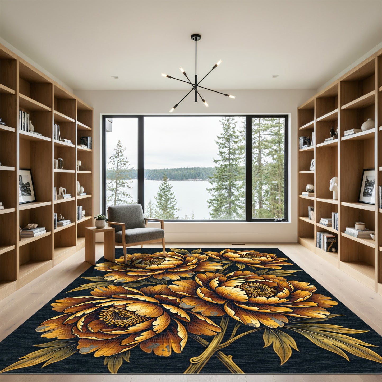 Golden Peony Floral Black Art Rug