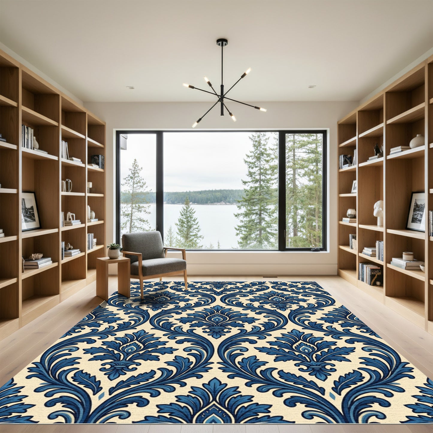 Elegant Navy Damask Scroll Accent Rug