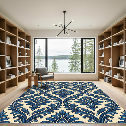 Elegant Navy Damask Scroll Accent Rug