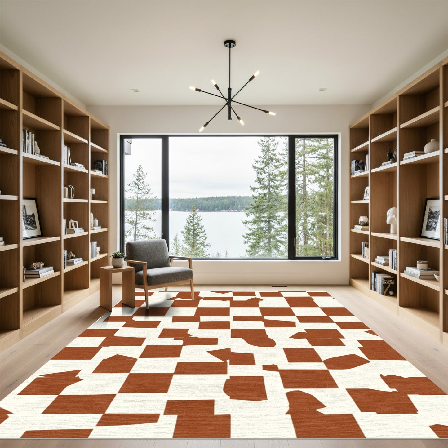 Rustic Brown Checker Abstract Squares Rug