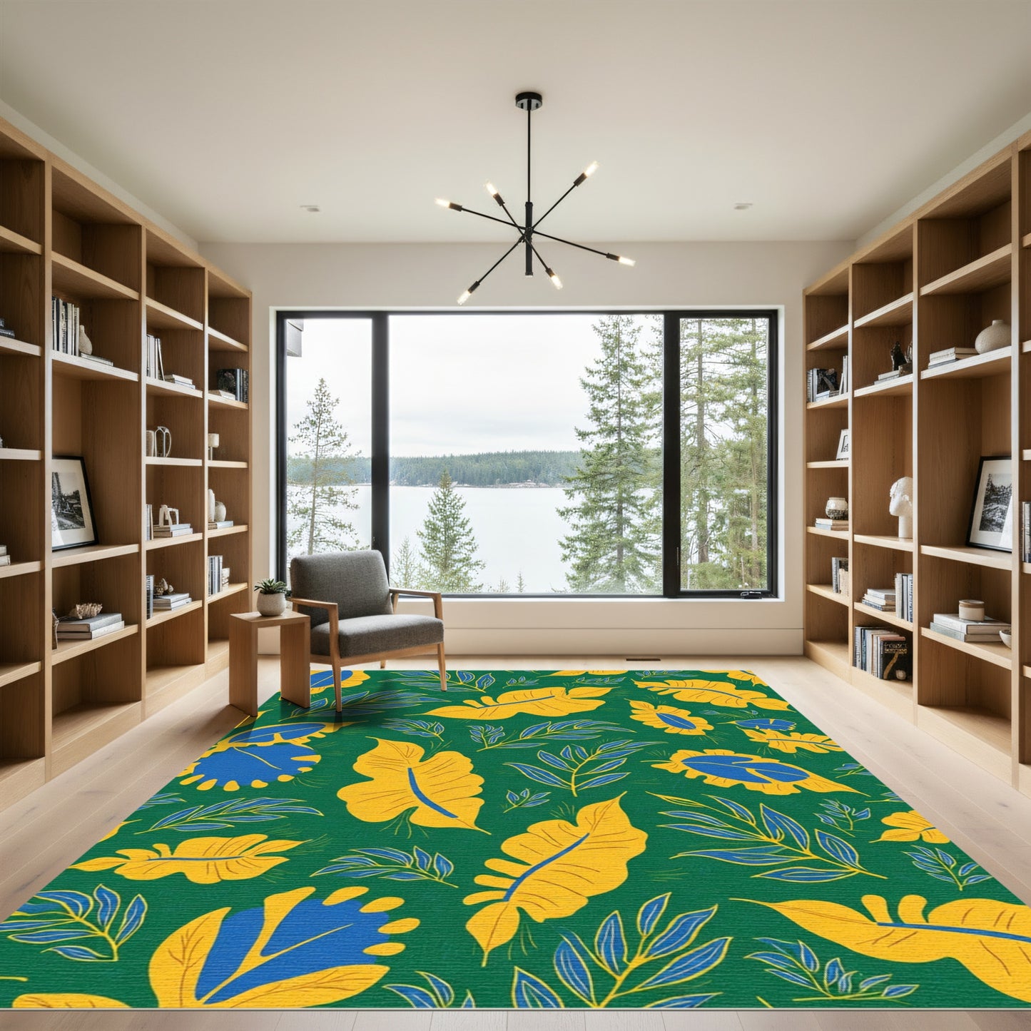Vibrant Yellow Blue Leafy Vines Rug