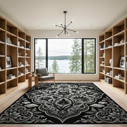 Monochrome Botanical Black Silver Meditation Rug