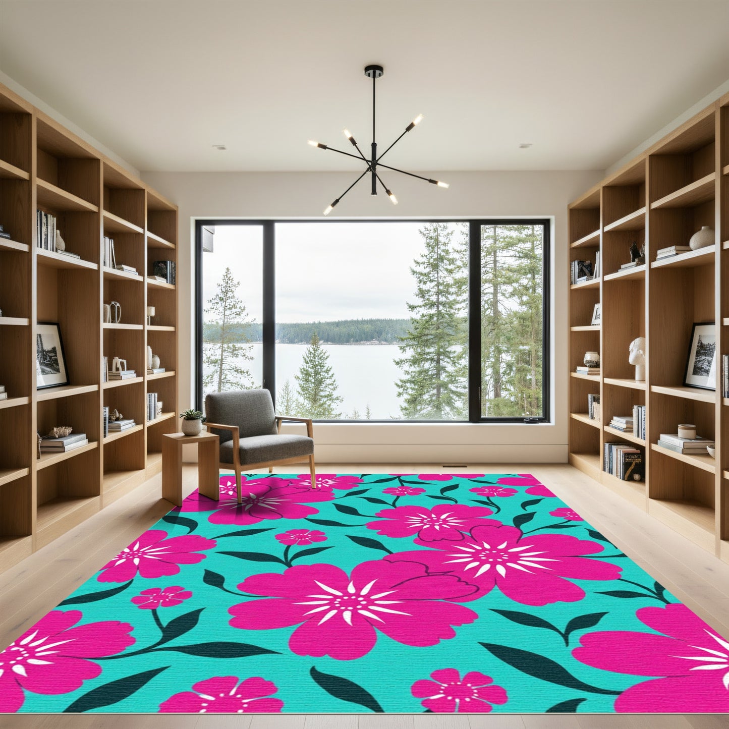 Vibrant Pink Flower Garden Teal Rug