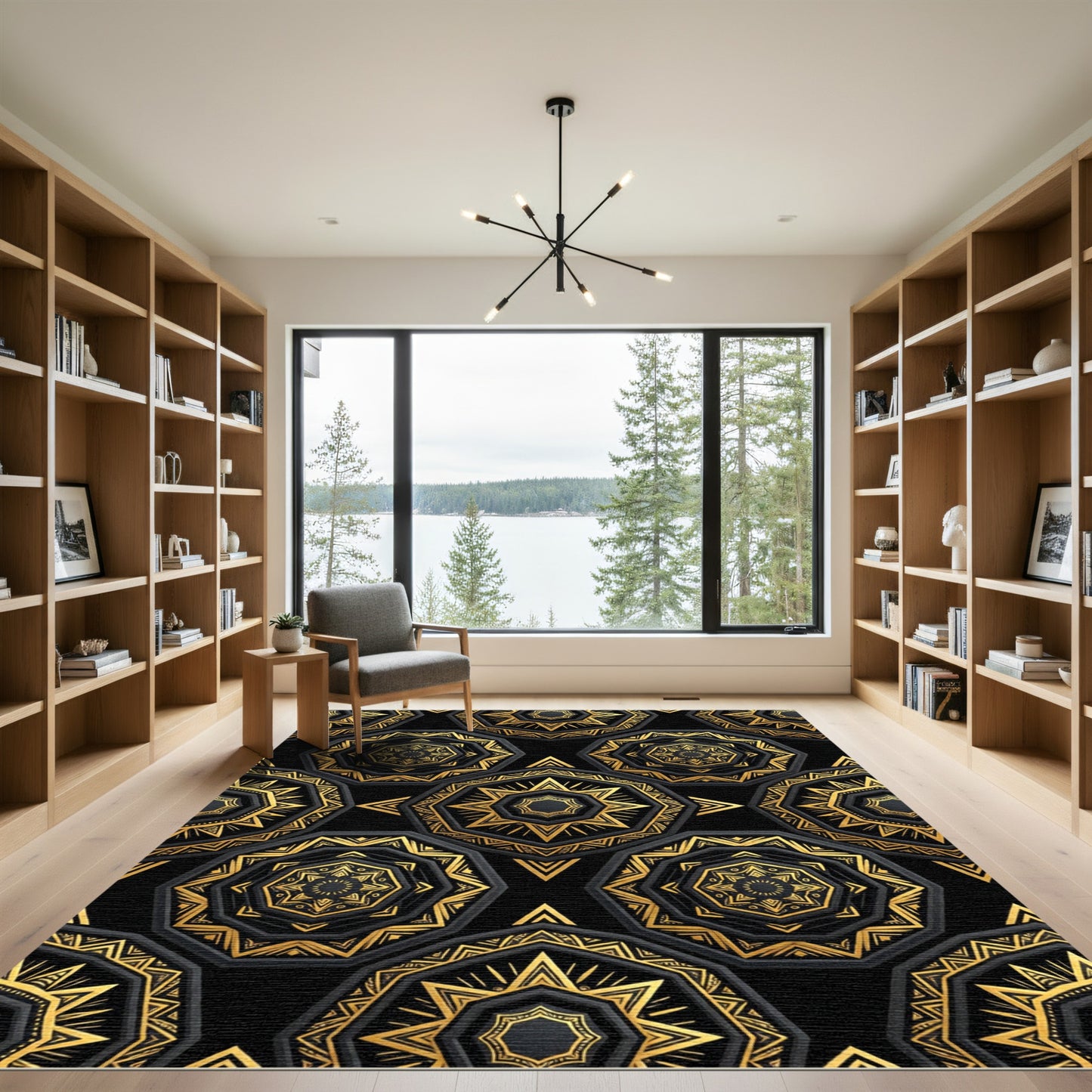 Black Gold Octagon Mandala Rug