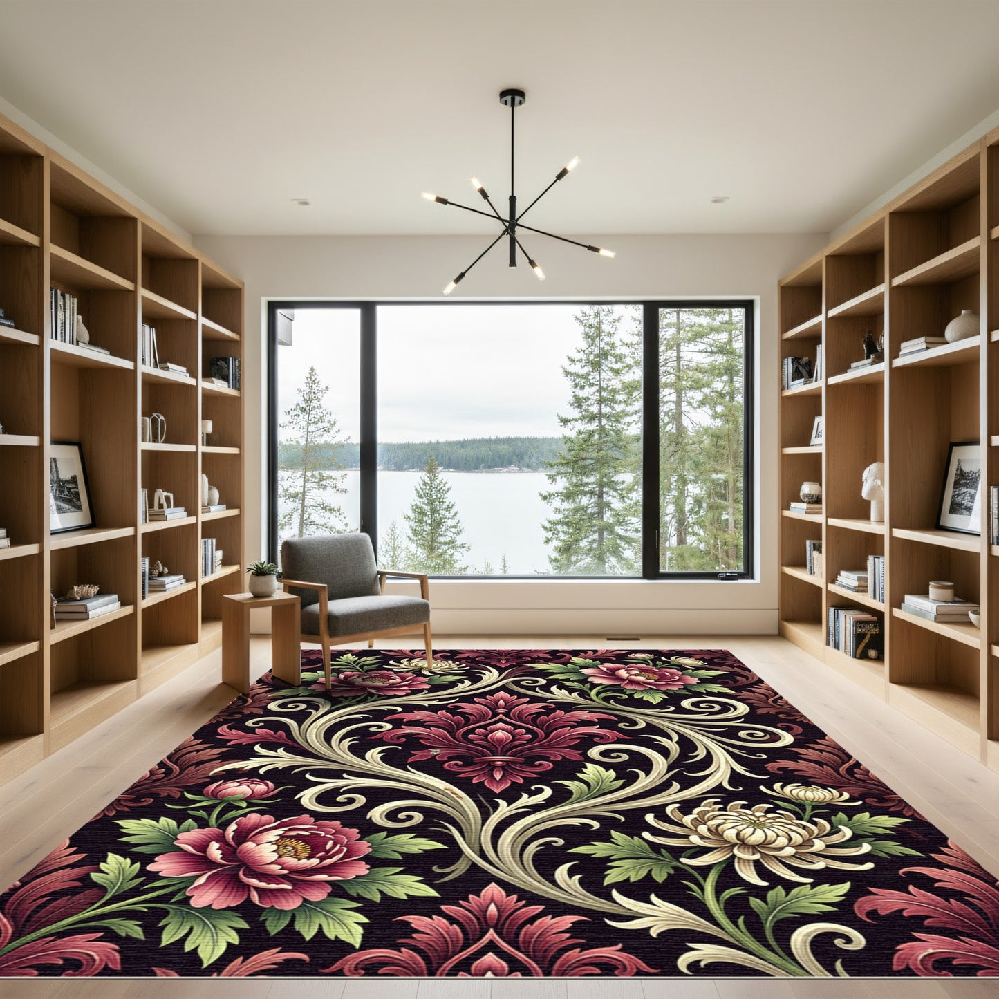Ornate Crimson Floral Damask Scroll Rug