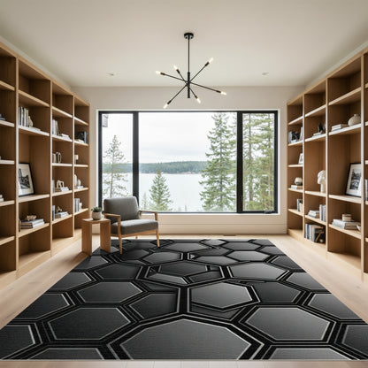 Dark Gray Hexagonal Interlocking Abstraction Rug