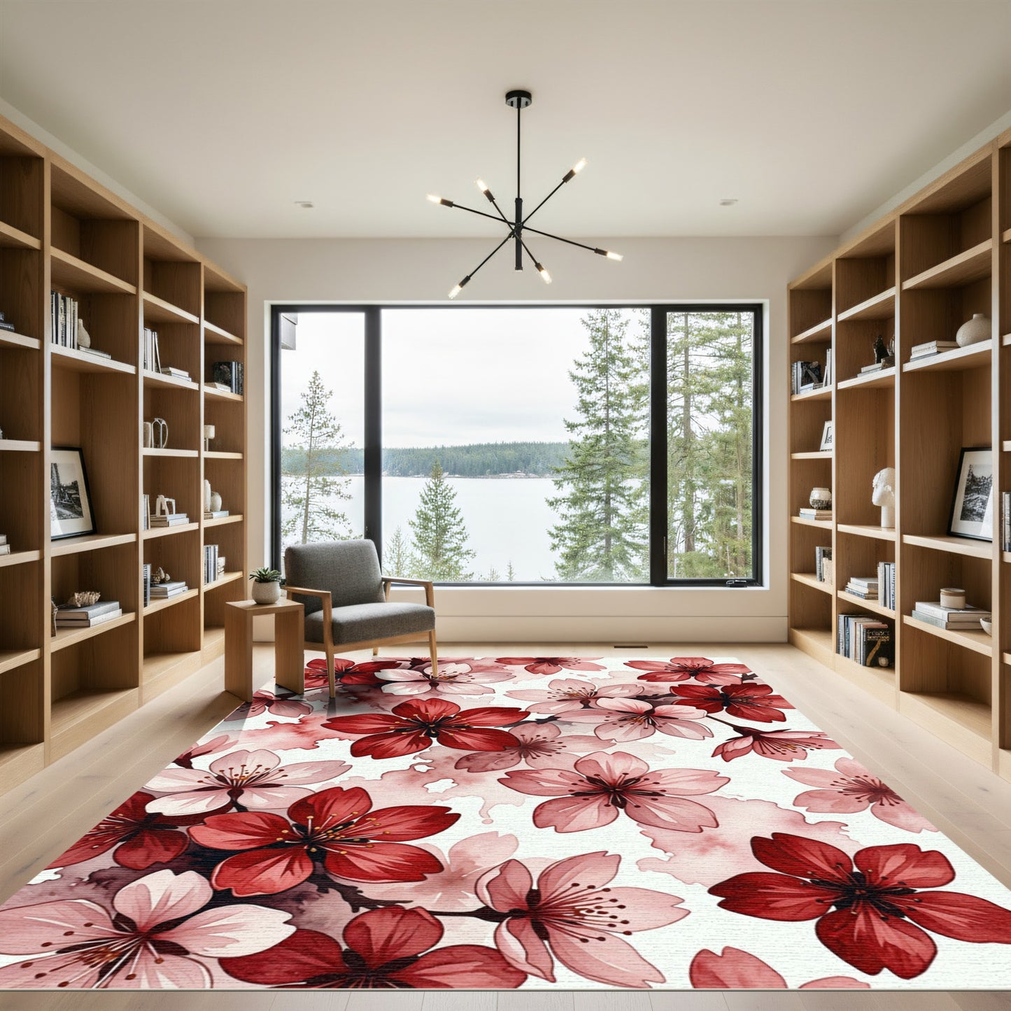 Red Pink Cherry Blossom Watercolor Rug
