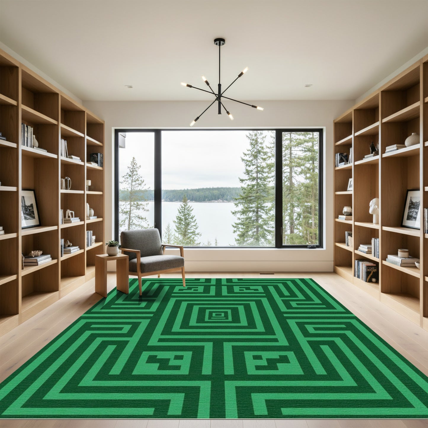 Deep Emerald Green Geometric Maze Rug