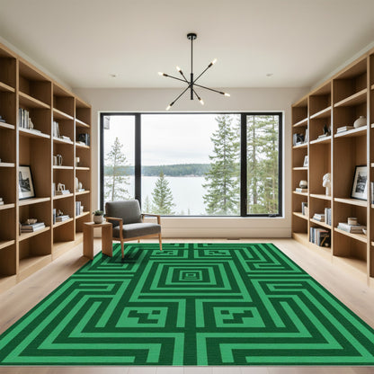 Deep Emerald Green Geometric Maze Rug