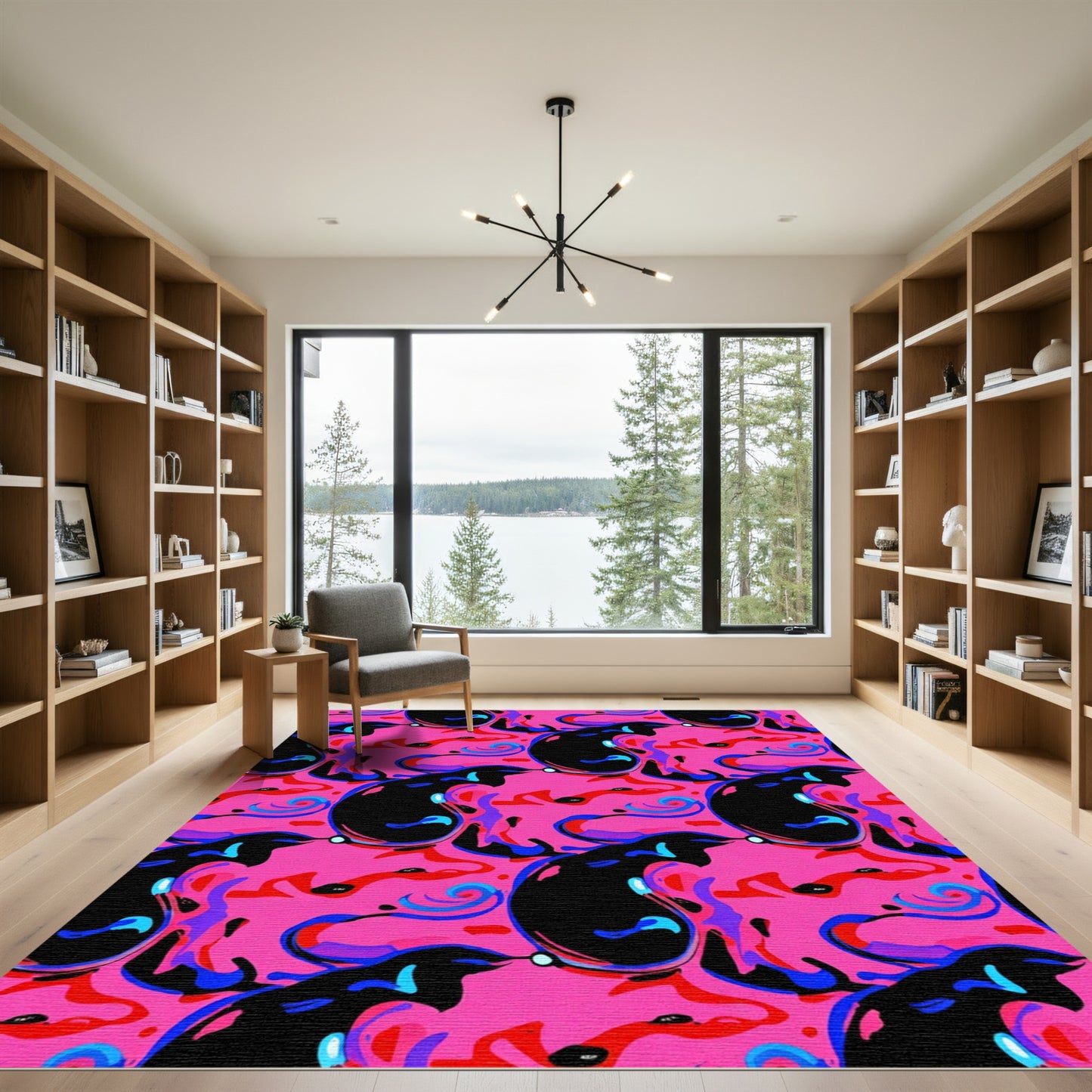 Vibrant Pink Black Swirl Abstract Rug