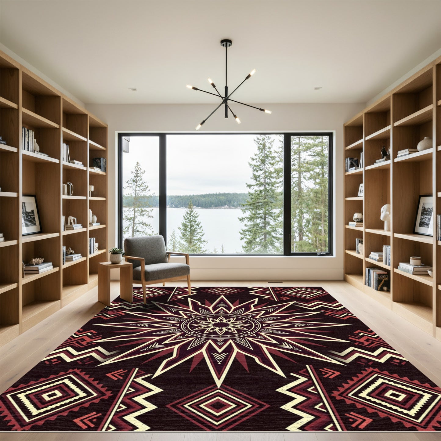 Deep Red Geometric Sunburst Medallion Rug
