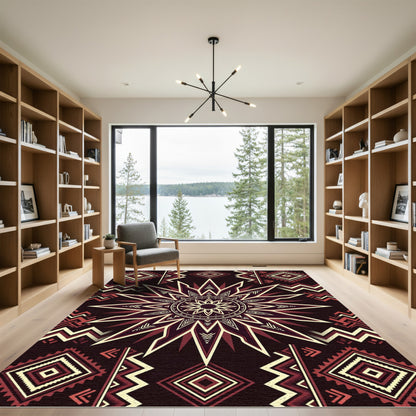 Deep Red Geometric Sunburst Medallion Rug