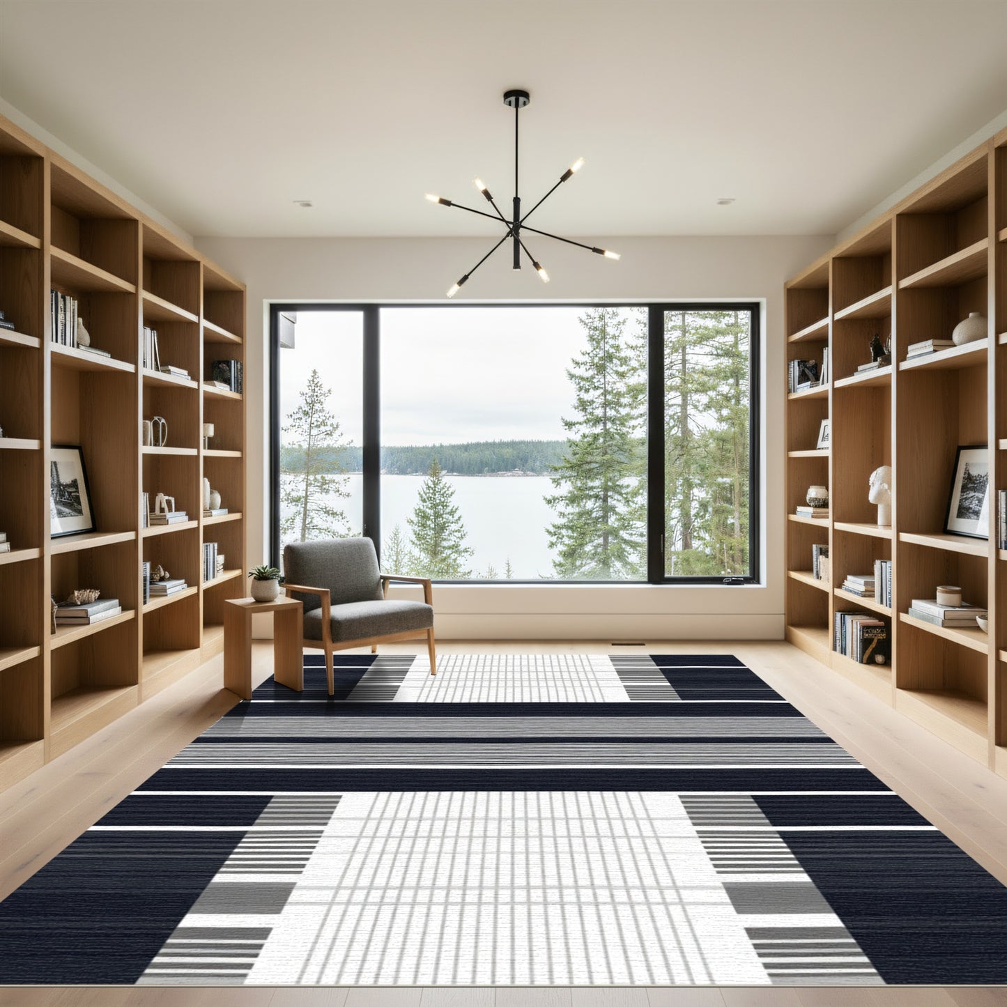 Modern Dark Gray Grid Stripe Rug