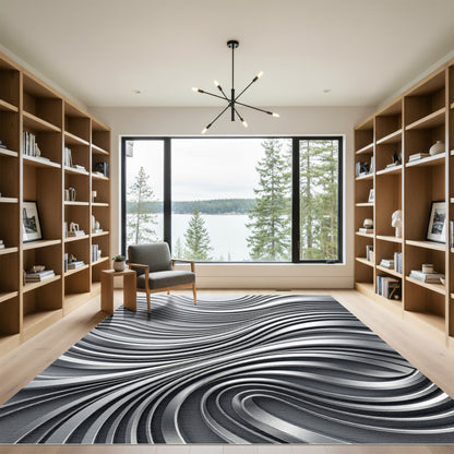 Modern Silver Metallic Flowing Abstract Swirl Rug