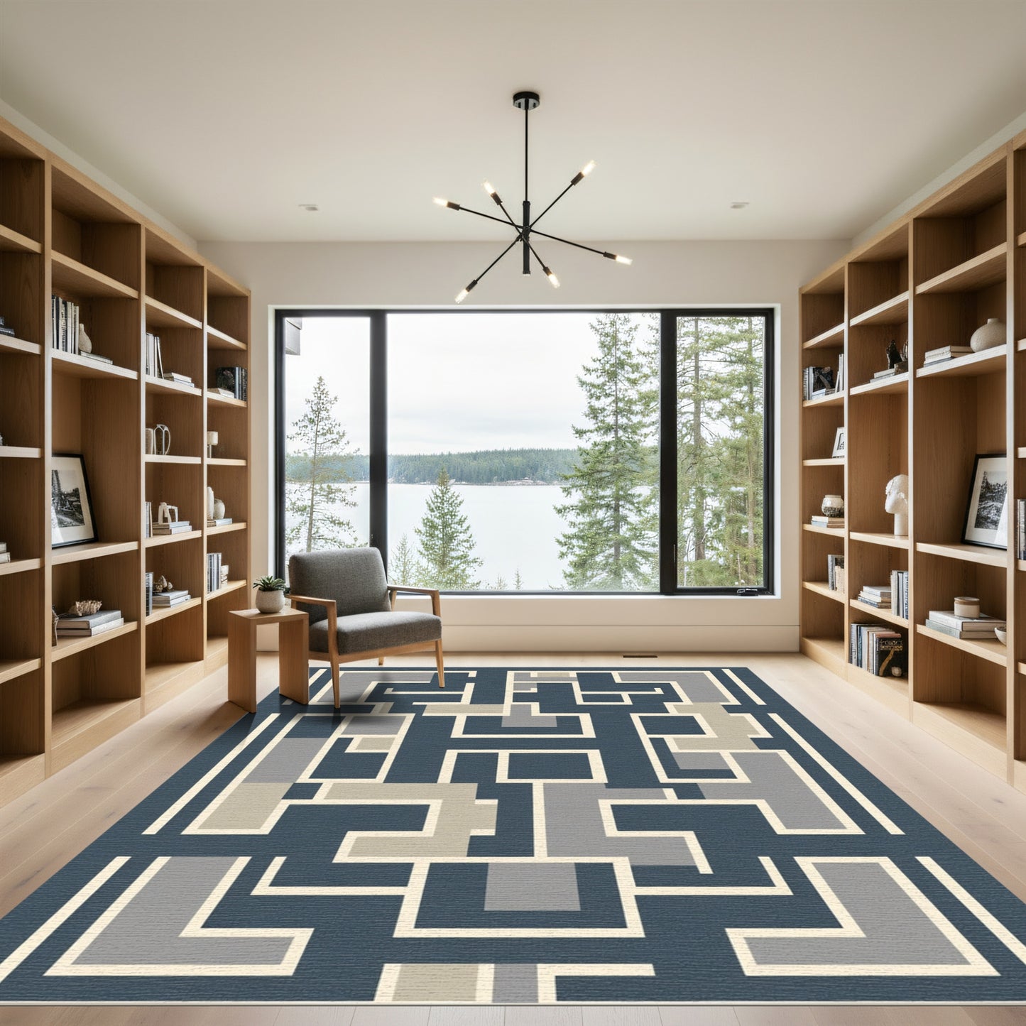 Abstract Geometric Maze Navy Rug