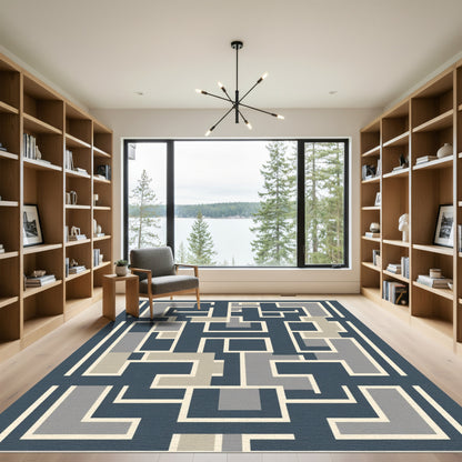 Abstract Geometric Maze Navy Rug