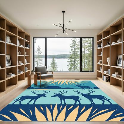 Cyan Silhouette Deer Serene Landscape Rug