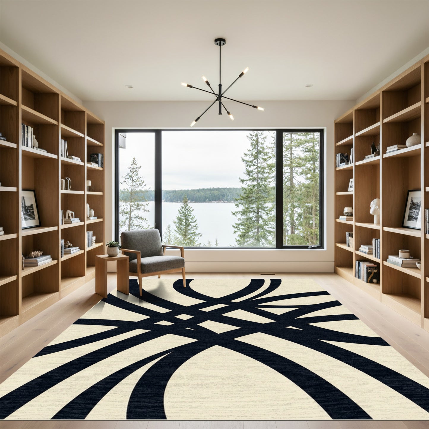 Minimalist Black and Cream Intertwining Lines Rug