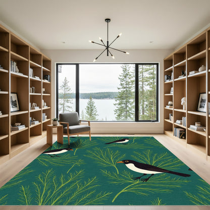 Deep Teal Bird And Evergreen Foliage Rug