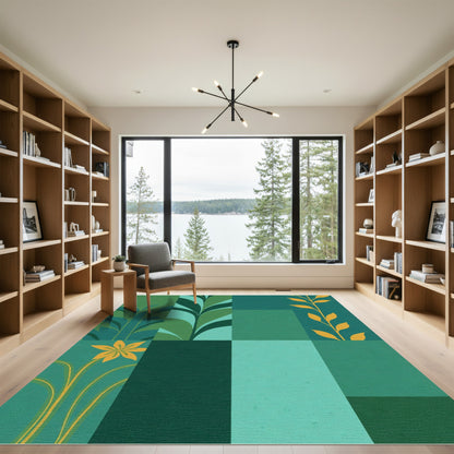 Green Yellow Botanical Garden Squares Rug