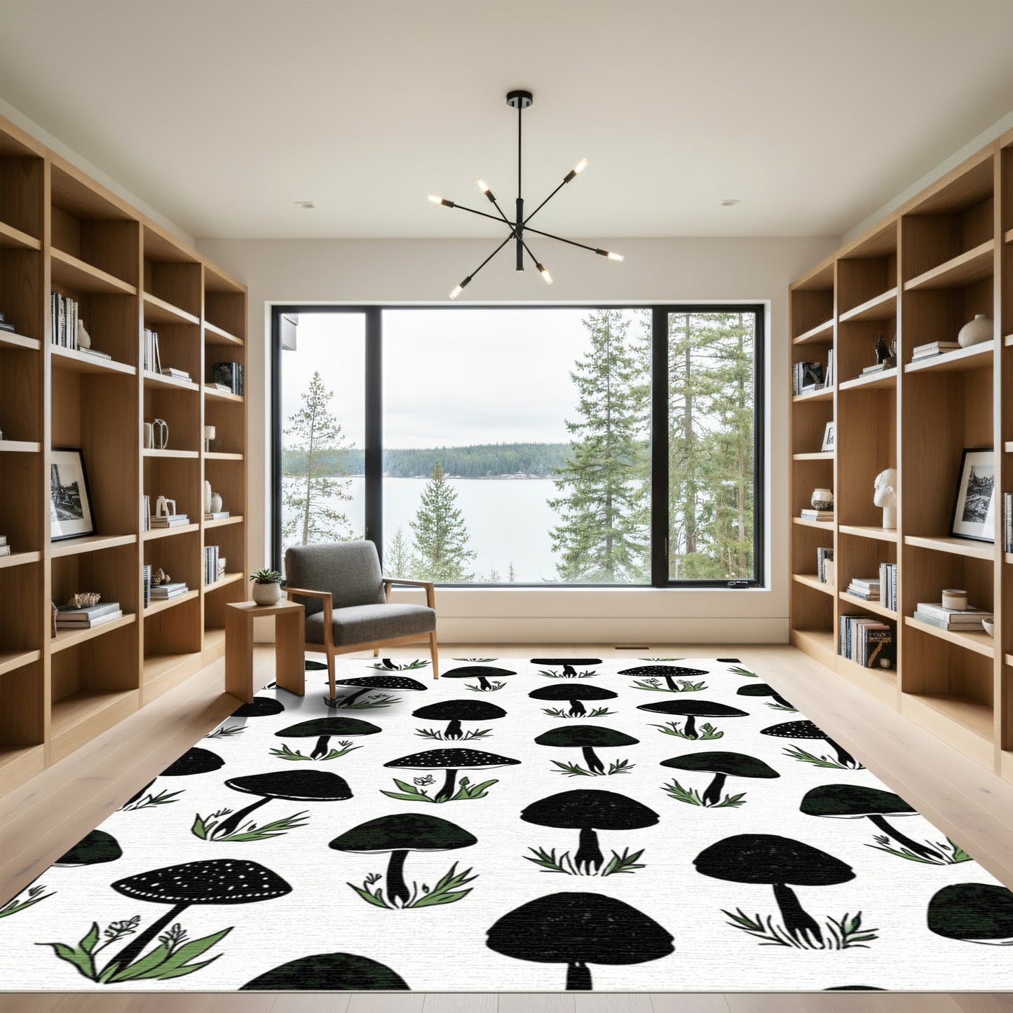 Black Mushroom Botanical Meadow Art Rug