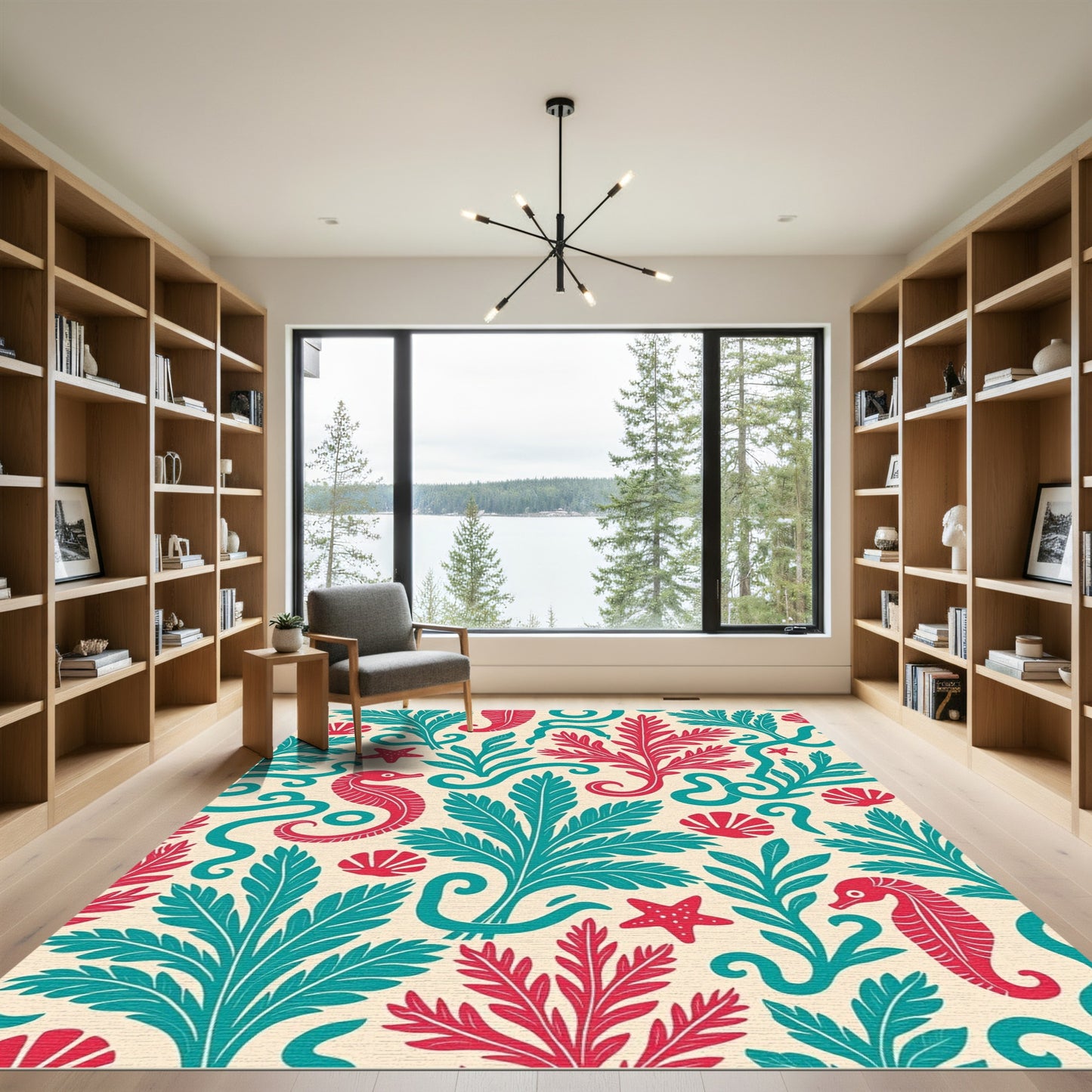 Crimson Teal Seahorse Aquatic Garden Rug
