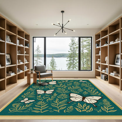 Teal Golden Butterfly Foliage Art Rug