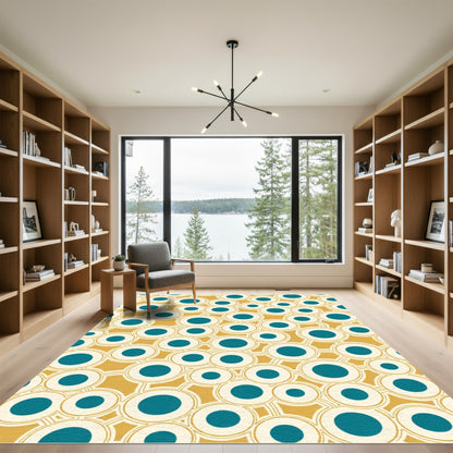 Organic Teal Circles Mustard Yellow Rug