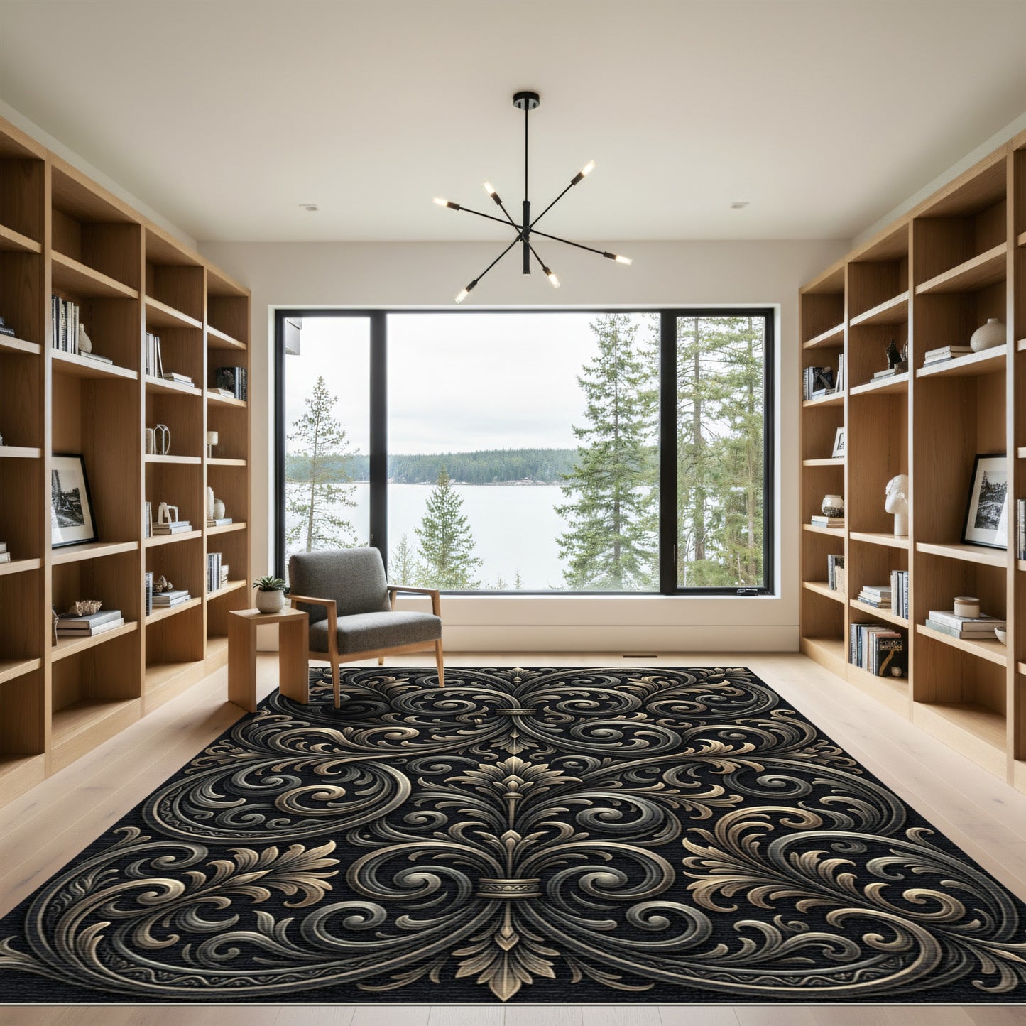 Ornate Scrollwork Black and Gold Rug